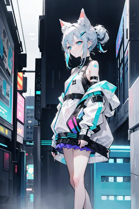 a 1girl, gray hair, hair up to the shoulders, Cyan eyes, Hairpin on the hair, There are blue strands on the back of the hair, multi-colored hair, small cat ears, crying girl, Cry, Cyberpunk clothing style, pastel colours, full length, legsupms, Reference, ...