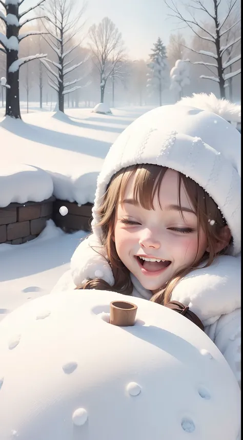 Create an enchanting artwork depicting someone joyfully playing in the snow. Imagine a picturesque winter landscape with pristine white snow, snow-covered trees, and a serene atmosphere. Capture the persons excitement and happiness as they build a snowman,...