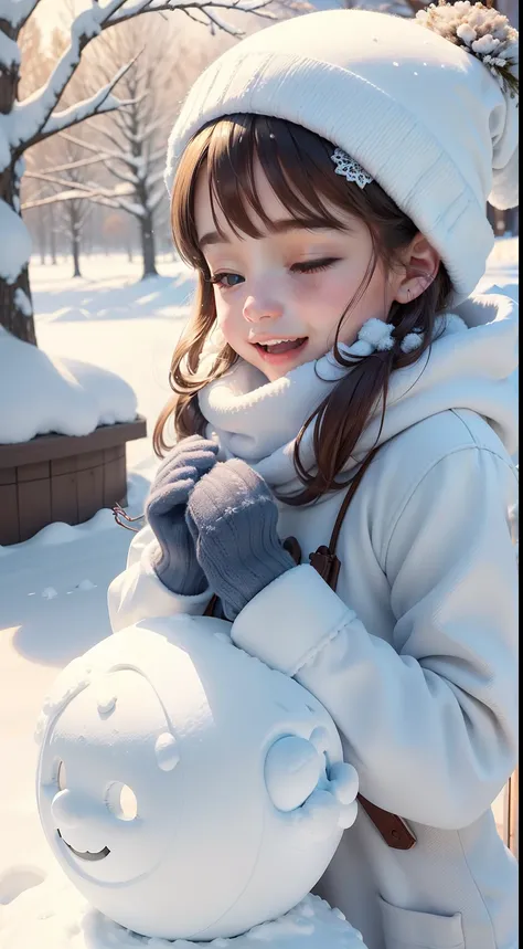 Create an enchanting artwork depicting someone joyfully playing in the snow. Imagine a picturesque winter landscape with pristine white snow, snow-covered trees, and a serene atmosphere. Capture the persons excitement and happiness as they build a snowman,...