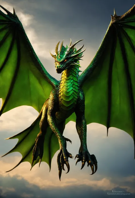 This dragon is powerful，Dragon scales are dazzling green，Shining with golden light。It has a strong body，The soaring wings are covered with sharp dragon claws。The dragons eyes were shining，It reveals endless wisdom and majesty。