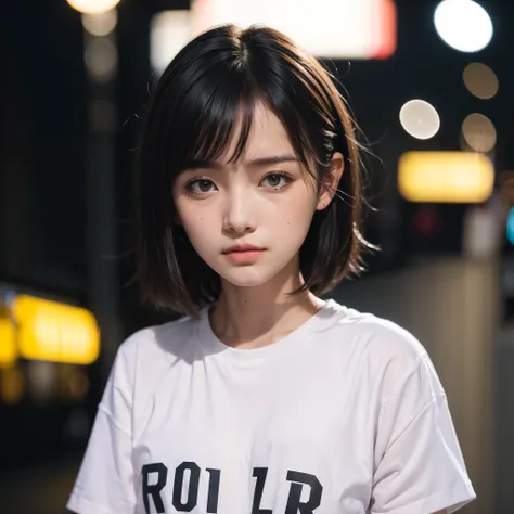 Raw, 4K, high-res, very detailed, detailed skin, detailed face, sad face, medium hair, night street photography, depth of field, light bokeh, random shirt, really cute girl, beautiful idol girl, 18 years old