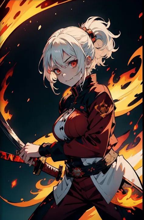 girl with white hair, medium length hair, short height, demon slayer art style, small breasts, kimetsu no yaiba clothing style, flames breathing , katana in hands, fire around the katana, fire scene behind her, red clothes, smiling