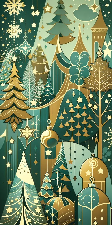 Winter, christmas，Flat style， abstract artistic, 2D canvas, highly  detailed, Graphic design. Patern. Colors are blue and gold