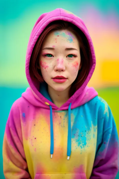 beautiful American college woman, wearing hoodie, looking at viewer, holi color festival, portrait, hyper detailed  POV, by lee jeffries, nikon d850, film stock photograph ,4 kodak portra 400 ,camera f1.6 lens ,rich colors ,hyper realistic ,lifelike textur...