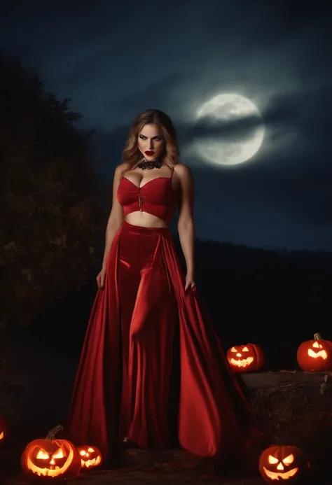 Sexy female vampire, angry menacing expression, showing fangs, wide hips, pumpkins at Halloween night, sexy pose, large and perky breasts, full shot, full body view