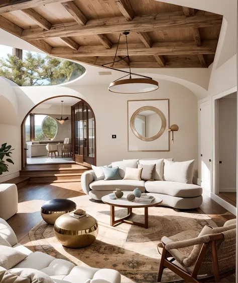 arafed living room with a couch, chairs, tables and a rug, rounded ceiling, serene and peaceful style, arched ceiling, architect...