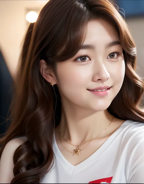 realistic photos of (1 cute Korean star), ringlets, white skin, thin makeup, 32 inch breasts size, slightly smile, wearing v-neck t-shirt, at game center, close-up, 16k