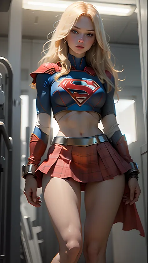 (Best quality, masterpiece, absurd)),1girl:1.3, solo:1.3,Beautiful woman,blue expressive eyes, beautiful woman,long blonde hair, 21 years, solo, 1girl,hourglass body,huge breasts, defined body, wearing superman cosplay((Supergirl cosplay bodysuit, skirt (w...