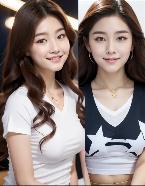 realistic photos of (1 cute Korean star), ringlets, white skin, thin makeup, 32 inch breasts size, slightly smile, wearing v-neck t-shirt, at game center, close-up, 16k