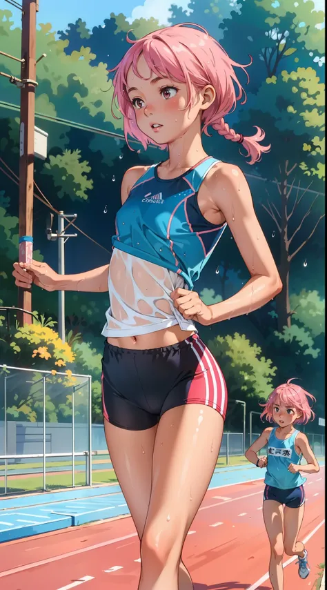 masterpiece, best quality, ultra-detailed, illustration, an extremely delicate and beautiful,high resolution, ultra-detailed,,perfect face,slender perfect body, Tight belly,Toned buttocks,Constricted waist,,(((2 girls to running))), 15yo,(1girlto pink hair...