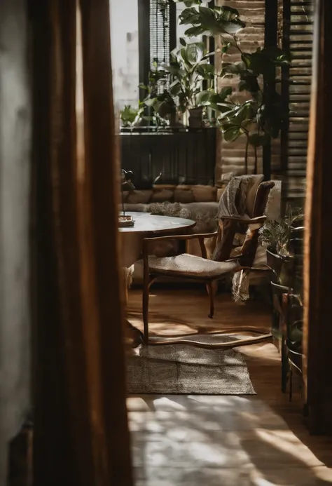 Parte interna de apartamento, na luz do dia, chic. Com sala e tv. Corredor que leva para o quarto, duas janelas. Paredes em cor bege.