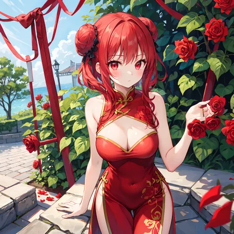 Red-haired、Bun head、red eyes、Beautiful girl alone、dark color cheongsam、A sexy、Bright red rose garden、