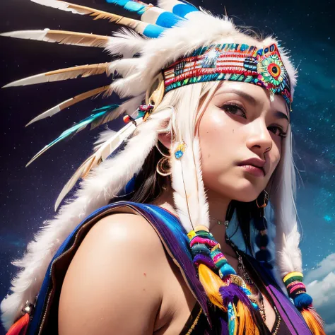 (Best Quality,Ultra-detailed,prismatic effects:1.2),masutepiece:1.2,skyporn, １garl
(youthfulness) native american, long white hair, While staring at the sky, holding axe, 
Traditional attire, Headdress of feathers,The magnificent Mount Olga, (Ayers Rock),M...