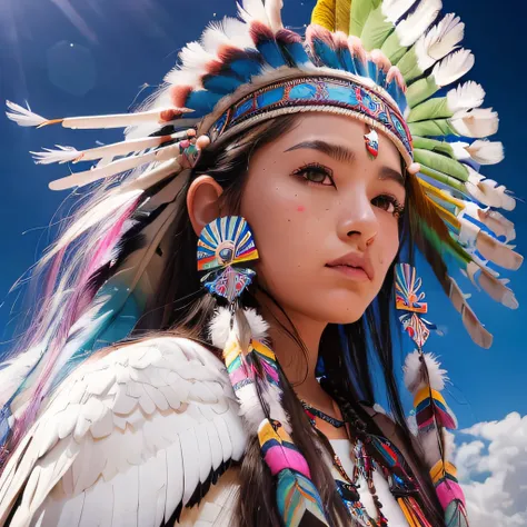 (Best Quality,Ultra-detailed,prismatic effects:1.2),masutepiece:1.2,skyporn, １garl
(youthfulness) native american, long white hair, While staring at the sky, holding axe, 
Traditional attire, Headdress of feathers,The magnificent Mount Olga, (Ayers Rock),M...