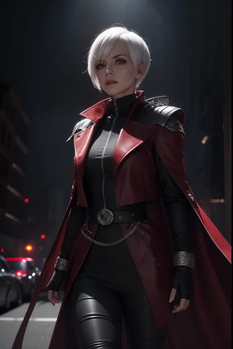 Image of a woman with short white hair with bangs thrown to the side in a crimson overcoat with black clothes and metal bracelets with a confident expression preparing for a battle, Estilo futurista, visto da cintura para cima, Foto realista, 4k, extreme r...