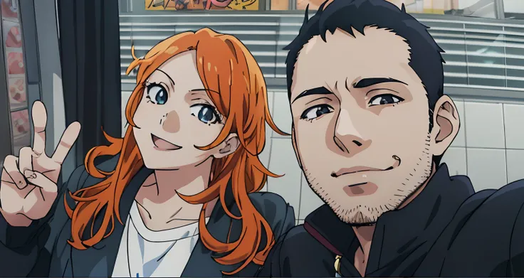 1 girl doing the victory pose, orange hair, medium-length hair, fair skin, young, couple, 1 boy, short black hair, young, posing for a photo, ((anime)), (((anime style))).young boy,,Without beard,smiling, chilling,