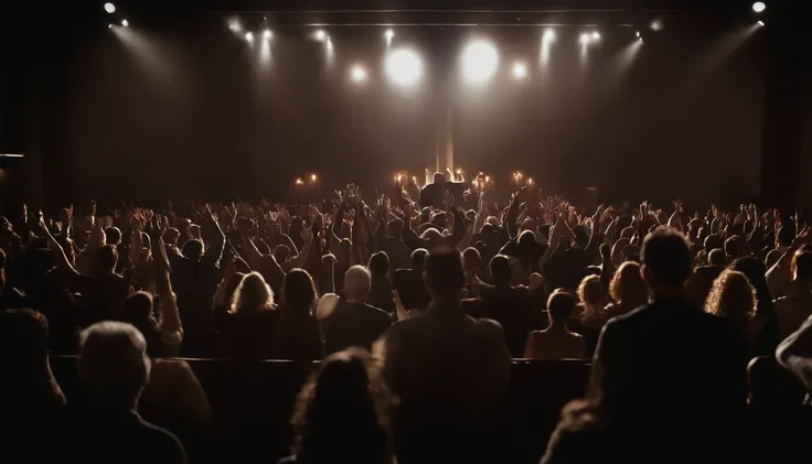 cinematic film still people raising their hands in worship during a service. . shallow depth of field, vignette, highly detailed, high budget Hollywood movie, bokeh, cinemascope, moody, epic, gorgeous, film grain, grainy