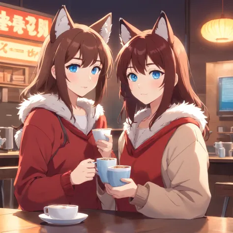 brown haired girls, Blue eyes, Wearing red fox furry clothes, Look to the right of the camera, Holding a large cup of coffee, Movie anime, High quality