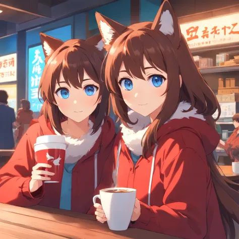 brown haired girls, Blue eyes, Wearing red fox furry clothes, Look to the right of the camera, Holding a large cup of coffee, Movie anime, High quality