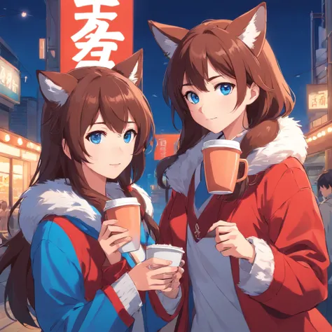 brown haired girls, Blue eyes, Wearing red fox furry clothes, Look to the right of the camera, Holding a large cup of coffee, Movie anime, High quality