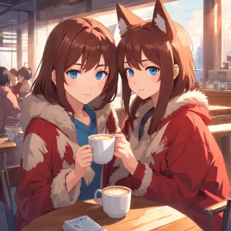 brown haired girls, Blue eyes, Wearing red fox furry clothes, Look to the right of the camera, Holding a large cup of coffee, Movie anime, High quality