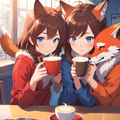 brown haired girls, Blue eyes, Wearing red fox furry clothes, Look to the right of the camera, Holding a large cup of coffee, Movie anime, High quality