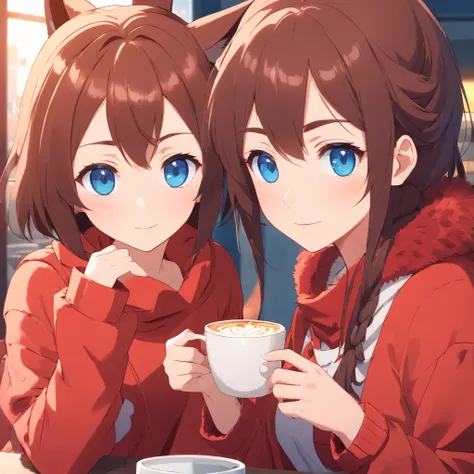 brown haired girls, Blue eyes, Wearing red fox furry clothes, Look to the right of the camera, Holding a large cup of coffee, Movie anime, High quality