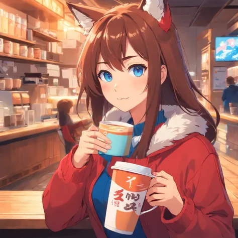 brown haired girls, Blue eyes, Wearing red fox furry clothes, Look to the right of the camera, Holding a large cup of coffee, Movie anime, High quality