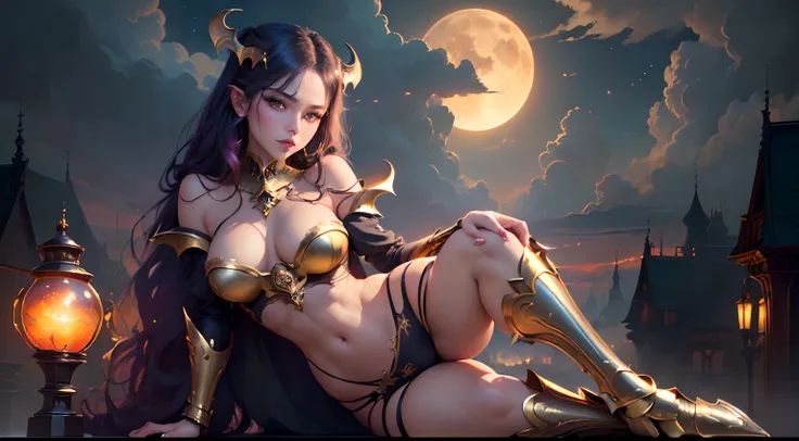 ((Need)), ((tmasterpiece)), (A detailed), Enchanting succubus, Sexy beauty, Perched in clouds, (fantasy illustrations:1.3), Seductive gaze, captivating posture, tight top, wearing golden armour，otherworldly charm, Mysterious Sky, Strange fire clouds，the se...