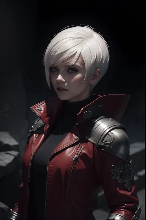 Image of a woman with short white hair with bangs thrown to the side in a crimson overcoat with black clothes and metal bracelets with a confident expression preparing for a battle, Estilo futurista, visto da cintura para cima, Foto realista, 4k, extreme r...