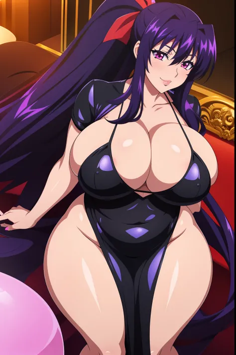 Highschool dxd, Akeno Himejima, 1girl, ((bimbo))), long purple hair, puffy lips, painted lips, thick lips, thick, wide hips, thick thighs, , huge ass, bubble butt, erotic smile face, shiny skin, enormous fake Amy Anderssen breasts, Black dress, hand signs,...