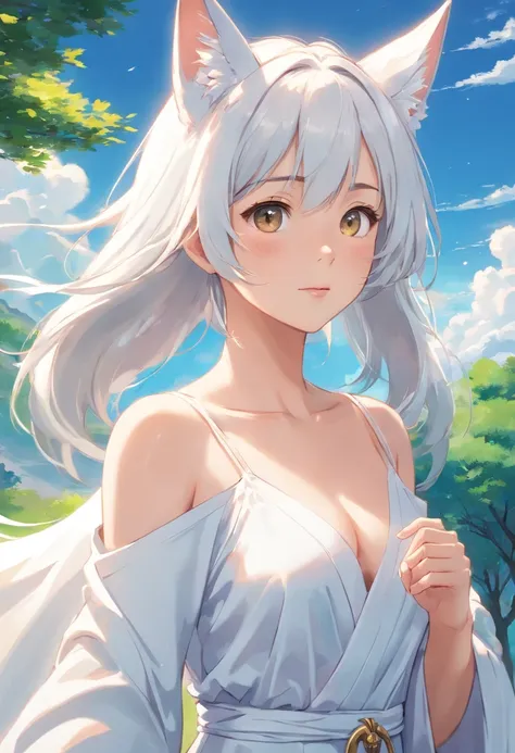 Close-up of a girl in a white dress, White-haired god,  Flowing white robe,flowing magical robe, Nine tails, wearing a long flowing robe，Fox ears，fox demon，highly  detailed，（（tmasterpiece）），（impasto），iintricate，church painting，（（（1个Giant Breast Girl））））Pic...