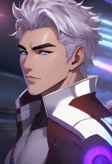 Solo, anime, male, muscular, abs, pecs, white hair, purple eyes, faint freckles on face, short hair, wolf ears, wolf tail, smiling, wearing futuristic neon clothing