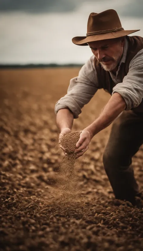 a farmer throwing seeds into the field with his hands