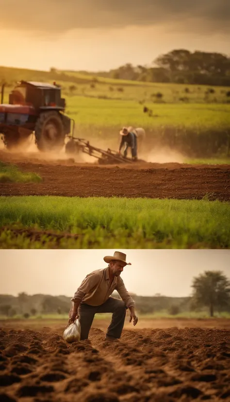 um agricultor jogando poucas sementes no campo