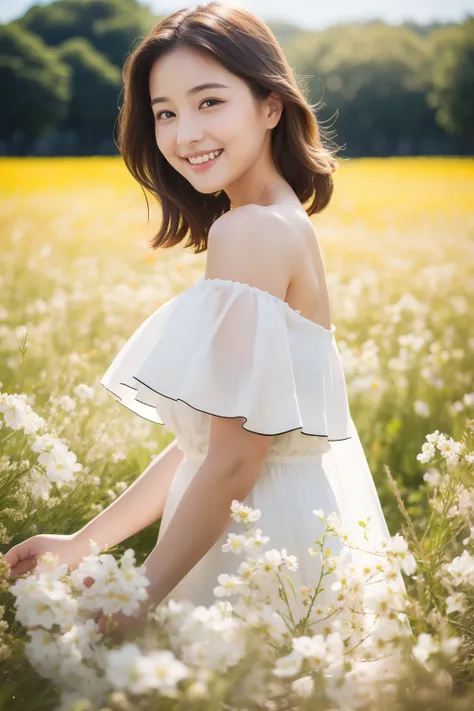 Best quality, masterpiece, ultra high res, (photorealistic:1.4), raw photo, 1girl, white dress, off shoulder, blossom flower field, glowing skin, light smile