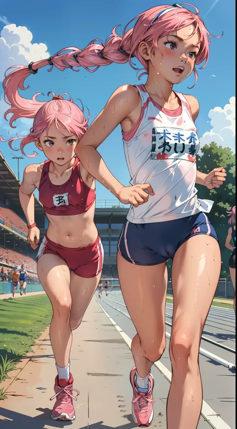 masterpiece, best quality, ultra-detailed, illustration, an extremely delicate and beautiful,high resolution, ultra-detailed,,perfect face,slender perfect body, Tight belly,Toned buttocks,Constricted waist,,(2 girls to running:1.7), 15yo,(1girlto pink hair...