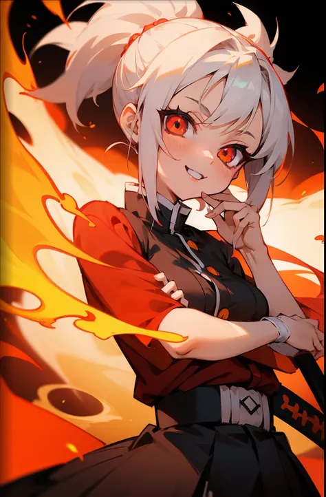 girl with white hair, medium length hair, short height, Demon Slayer art style, small breasts, Kimetsu in yaiba clothing style, Flame breathing, katana in hands, Fire around the katana, fire scene behind her, red clothes, smiling