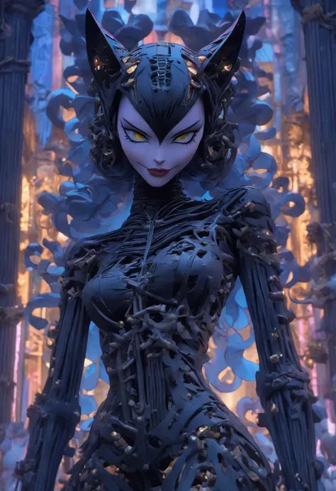 statue of Catwoman angel made of twisted bones and skeletons, full body, hyper realistic, intricate, central, symmetrical --v 4