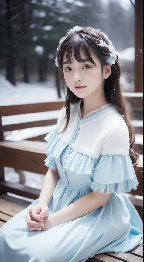 (8K, Best quality, Master, 超高分辨率:1.2) Beautiful photo of a 12 year old girl in Japan，ssmile， (melancholy winter snow:1.4)，(Beautiful vivid Lolita dress)，Big wind，(looking toward the viewer)，Squat and sit，Long hair，fur cape