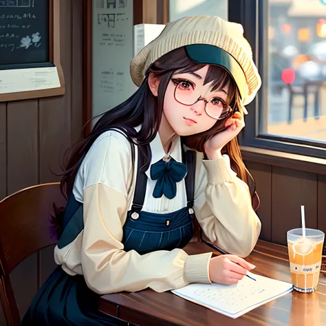 anime girl with glasses and a hat sitting at a table with a drink, artwork in the style of guweiz, 🍁 cute, 🍂 cute, mysterious coffee shop girl, kawaii realistic portrait, lofi portrait, anime visual of a cute girl, realistic anime art style, lofi girl, dig...