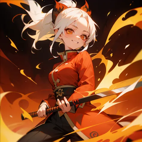 girl with white hair, medium length hair, short height, Demon Slayer art style, small breasts, Kimetsu in yaiba clothing style, Flame breathing, katana in hands, Fire around the katana, fire scene behind her, red clothes, smiling