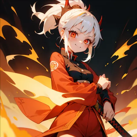 girl with white hair, medium length hair, short height, Demon Slayer art style, small breasts, Kimetsu in yaiba clothing style, Flame breathing, katana in hands, Fire around the katana, fire scene behind her, red clothes, smiling