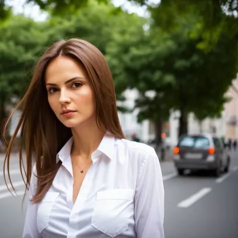 a raw professional portrait photograph of a woman, brown hair, white shirt, on a street, (photorealistic), fujifilm xf3