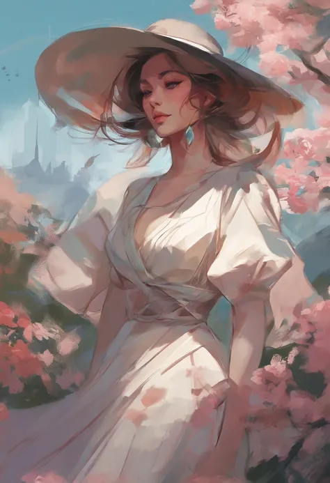 Close-up of a woman in a hat and dress, Digital illustration style, Digital Illustration Portrait, Trends in Artstration, in the art style of bowater, detailed portrait of anime girl, digital anime illustration, Painted in the style of Artgerm, Portrait of...