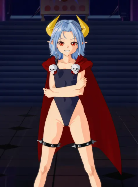 Anime girl in a demon costume with horns and cape, gapmoe yandere grimdark, Demon Girl, succubus in tight short dress, demon anime girl, holy cyborg necromancer girl, mika kurai demon, Full Body Devil Woman, evil pose, with cape, Evil standing smile pose, ...