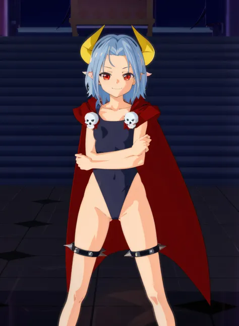 Anime girl in a demon costume with horns and cape, gapmoe yandere grimdark, Demon Girl, succubus in tight short dress, demon anime girl, holy cyborg necromancer girl, mika kurai demon, Full Body Devil Woman, evil pose, with cape, Evil standing smile pose, ...