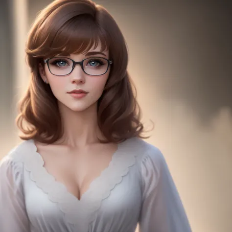 Uma mulher com apenas o cabelo da Velma, branco, olhos azuis e rosto parecido com a Gudrid Viland Saga semi realista