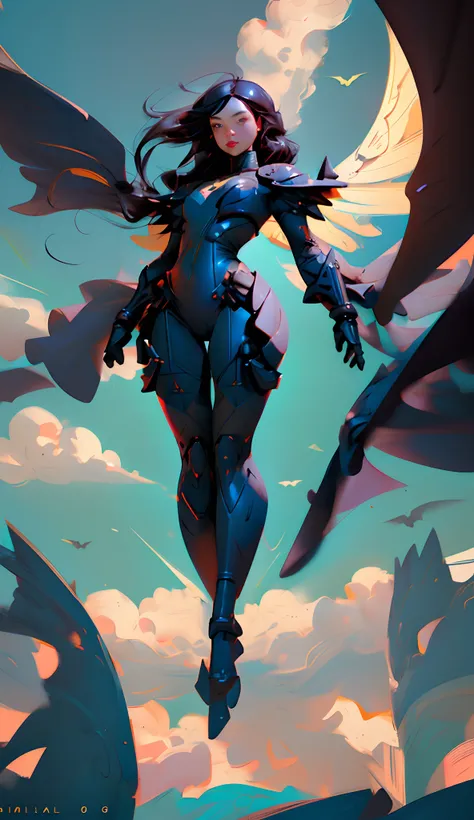 Female super hero, long black hair, small breast, little breast, wide hips, thick thighs, thick legs, happy, mechanical wings that resemble bat wings, flying in the sky, slightly chubby, beautiful face.