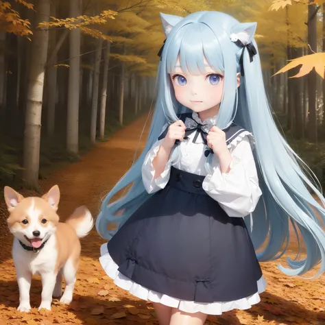 Cute little girl and puppy　light blue long hair、Black eyes、Large in the center　Stroll through the forest of autumn leaves　Fairy tale background